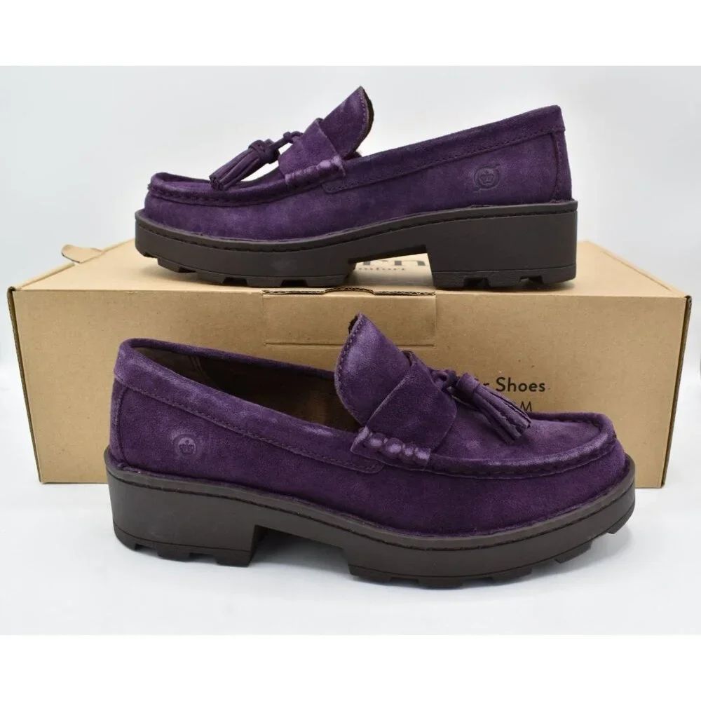 Born‎ Womens Size 7 Capri Tassel Purple Suede Platform Loafers